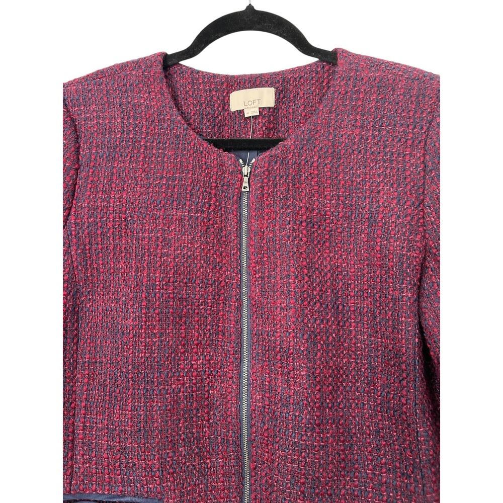 LOFT Blazer Womens Size 10 Burgundy Blue Wool Tweed Collarless Full Zip Jacket - Picture 2 of 12